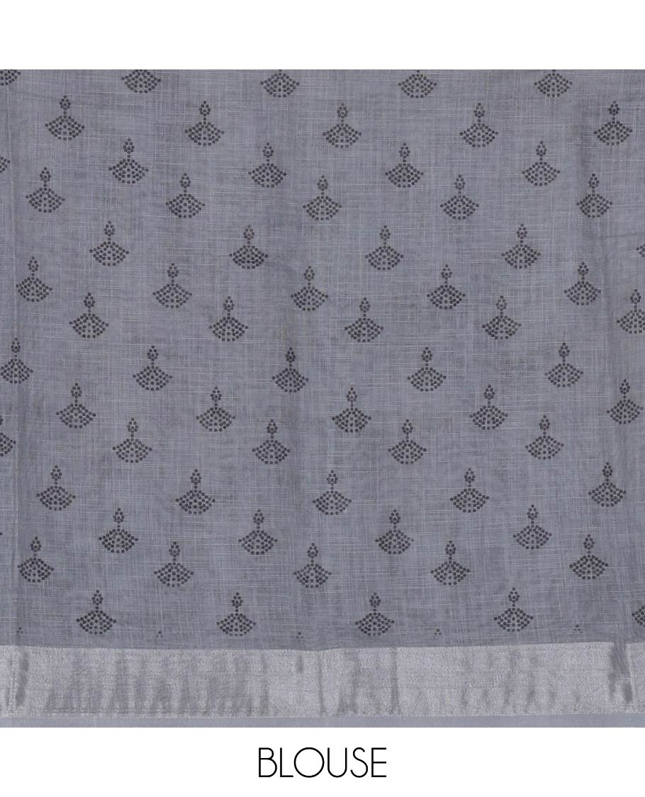 Grey Linen Cotton Saree, Detailed with Silhouette-Style Floral Motifs Printed on Its Body, Subtle Zari Bavanji Border, Pallu of Silhouette-Style Floral Print, and Comes with a Matching Blouse