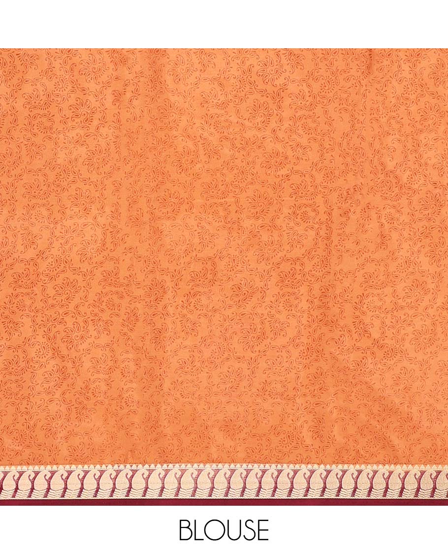 Orange unique motifs semi-banaras printed saree, contrast paisley border & intricately printed pallu