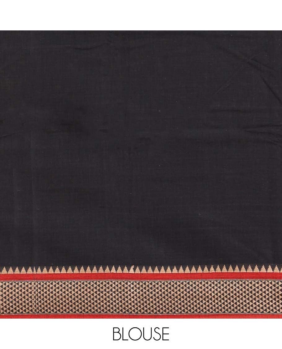 Black plain Narayanapet cotton saree, contrast traditional design border & striped pallu