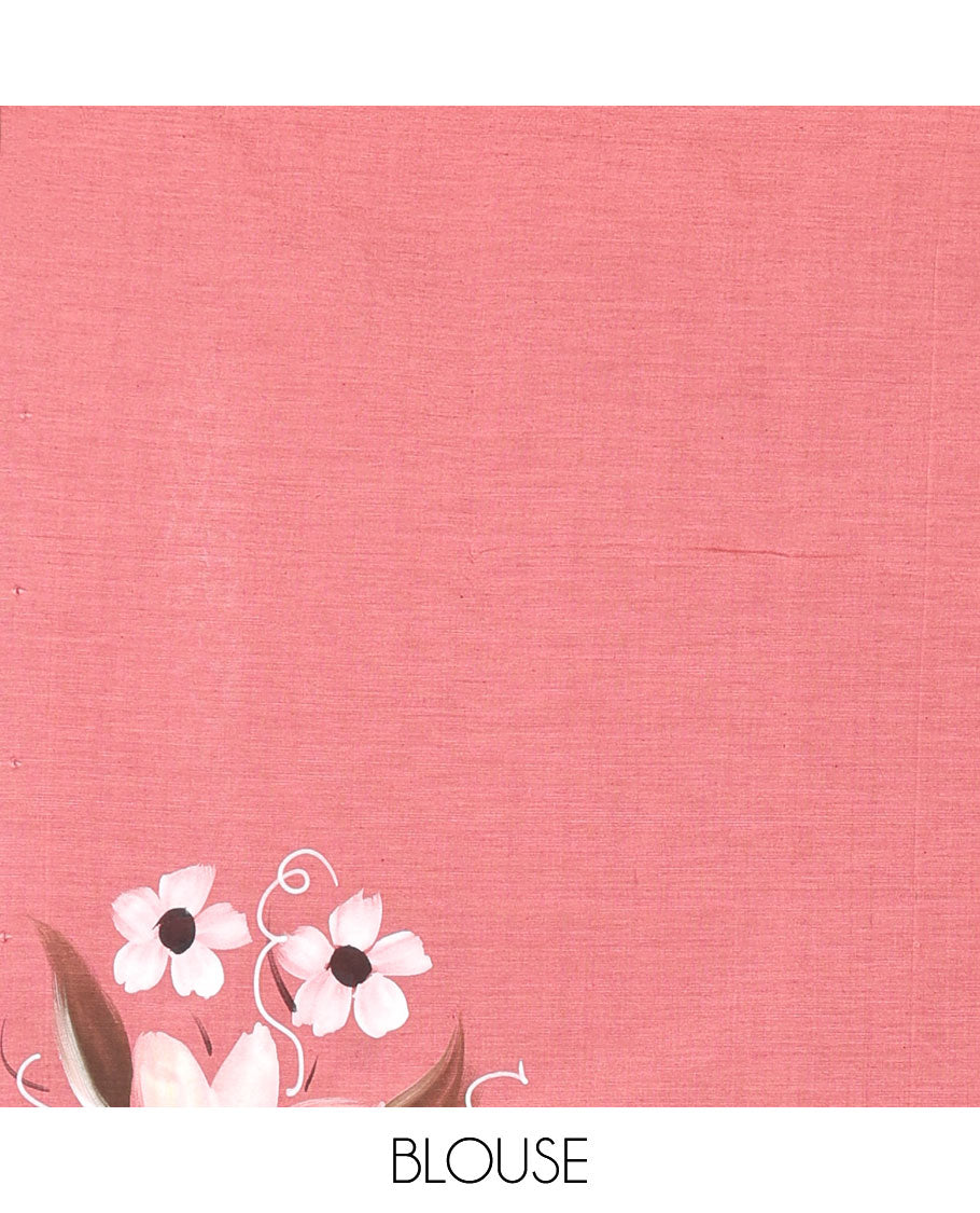 Borderless pink hand painting style floral printed South cotton saree, floral printed pallu, and a matching floral printed blouse