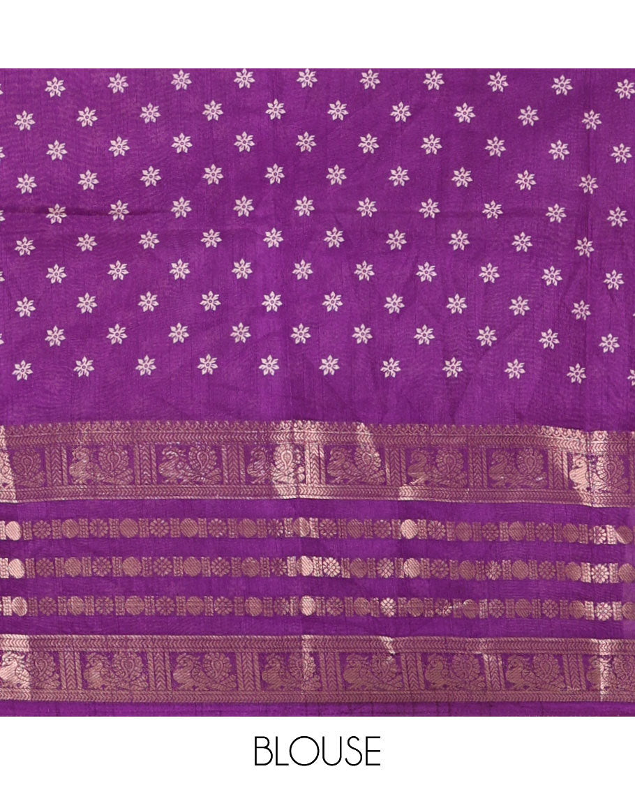 Purple floral printed dola silk saree, contrast traditional zari rettai pettu border, pallu of paisley-floral print & contrast blouse of print & zari border