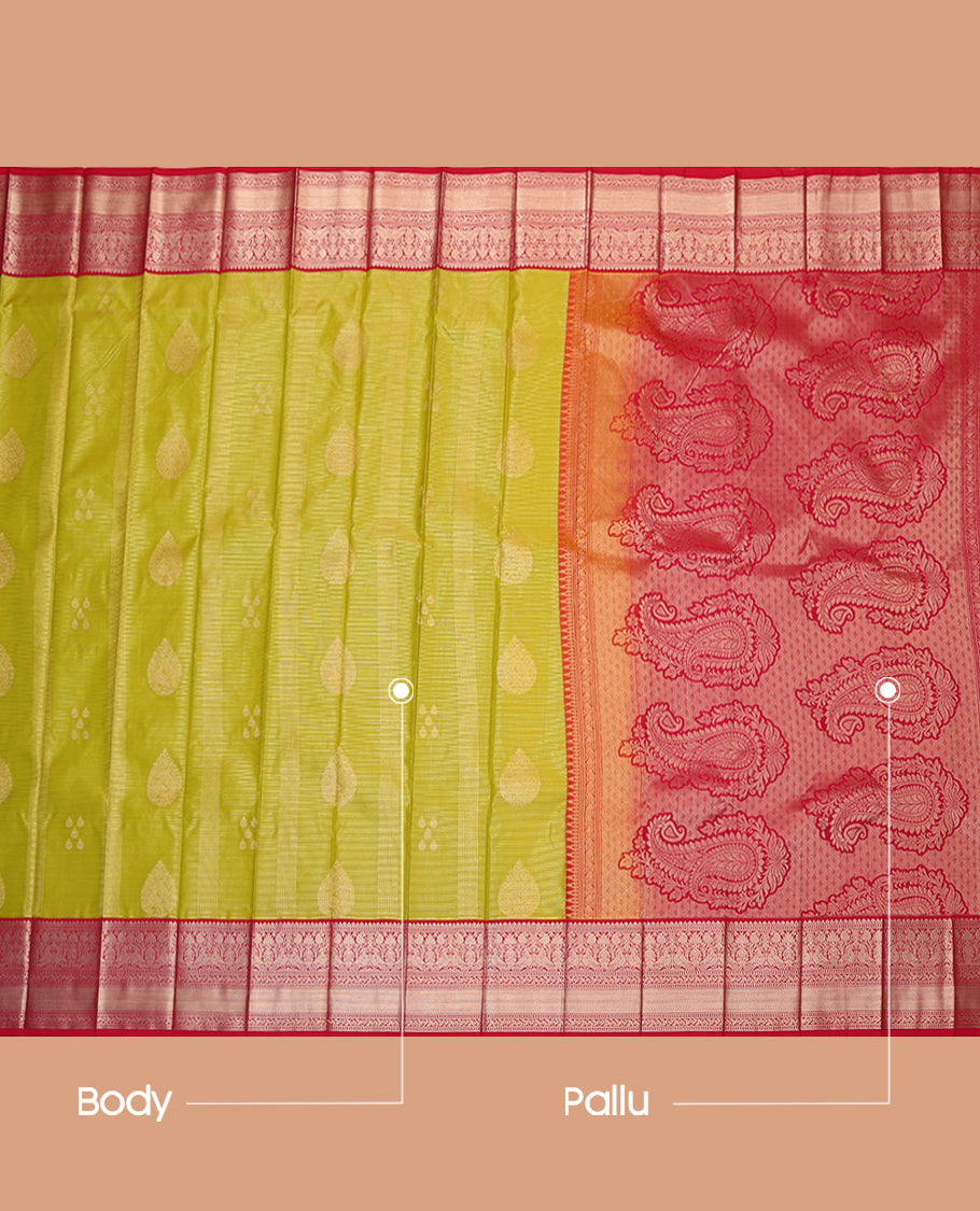 Green Budget Silk Saree, Decorated with Zari Buttas, Complemented by a Contrast Traditional Zari Border, Paisley Pallu, and Contrast Blouse