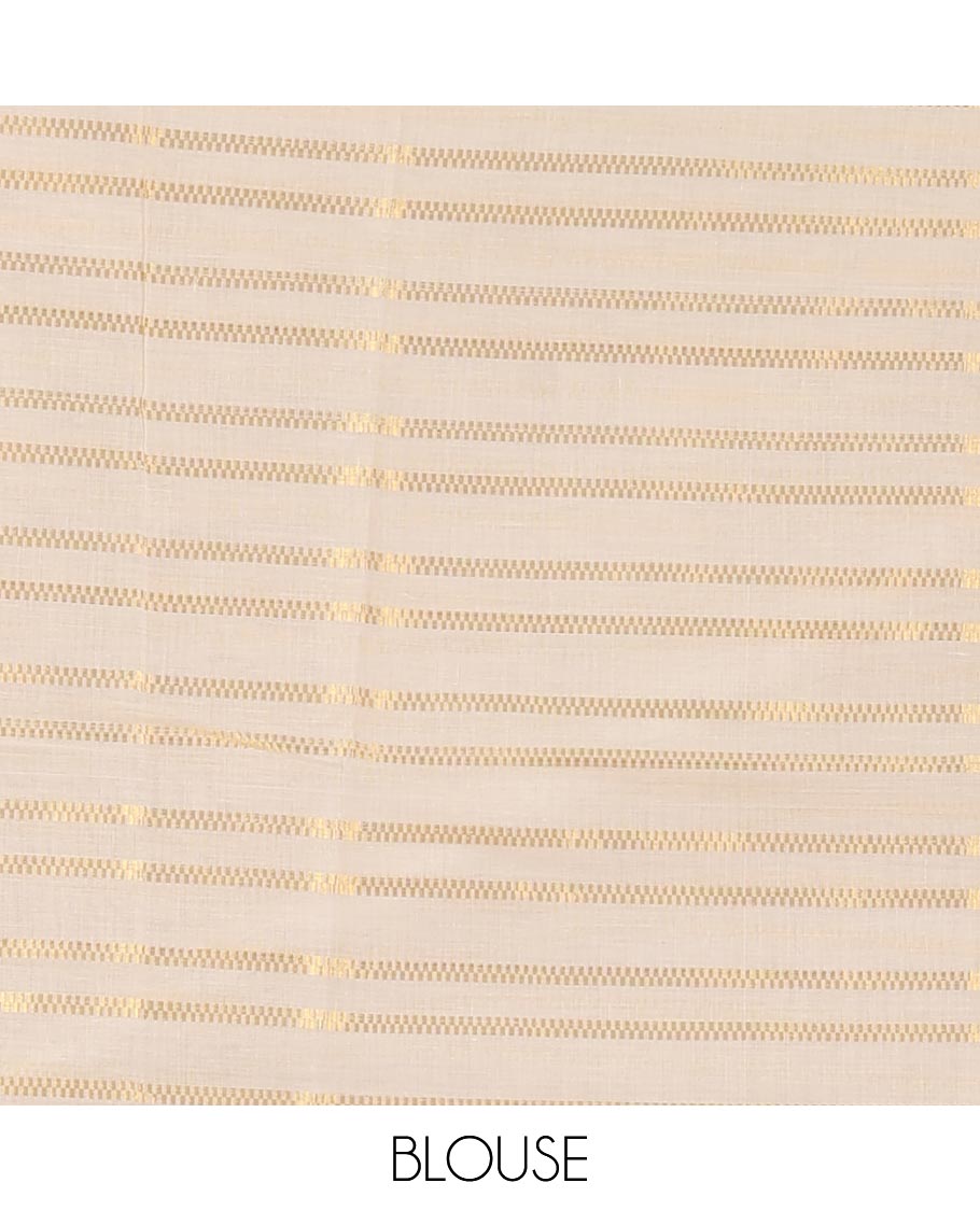 Borderless cream Veldhari-style striped Kerala cotton saree, zari design pallu with maroon tussels & zari design blouse
