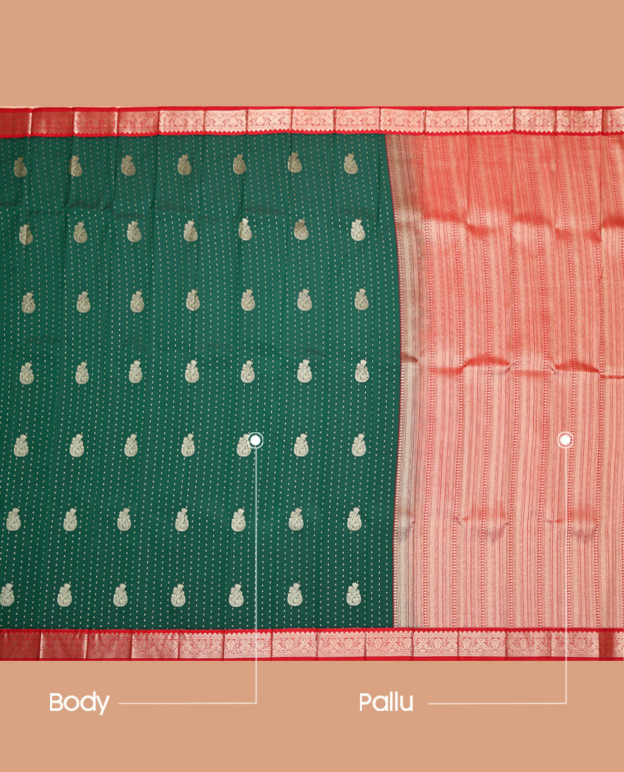 Green Budget Silk Saree, Mesmerized with Zari Buttas, Captivating Contrast Traditional Zari Design Border, Geometric-Patterned Pallu, and a Contrast Blouse