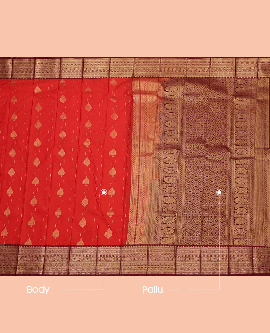 Red Budget Silk Saree, Accentuated with Zari Buttas on Its Body, Complemented by a Contrast Traditional Zari Design Border, Intricately Designed Pallu, and Paired with a Contrast Blouse