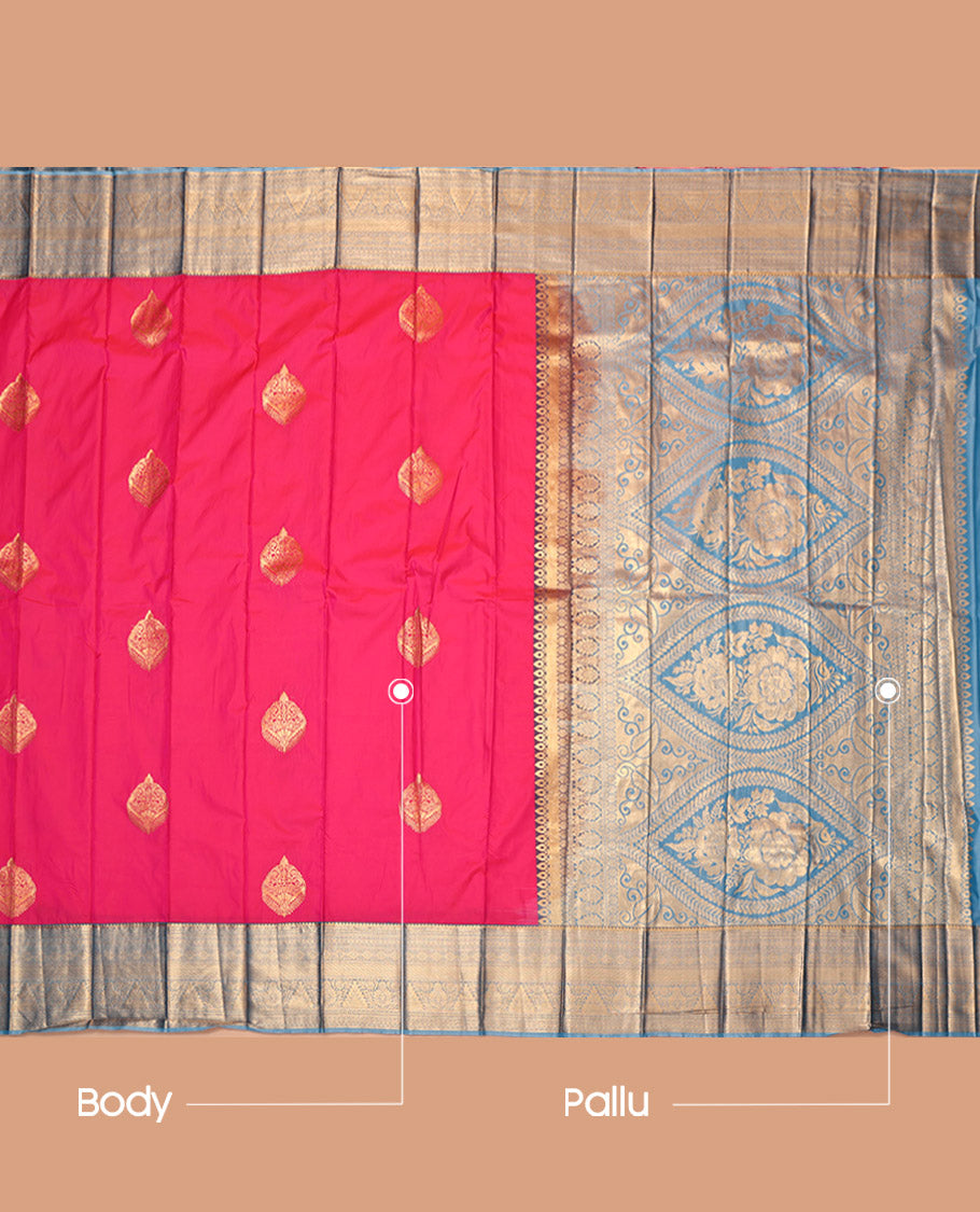 Pink Budget Silk Saree, Crafted with Zari Buttas, Contrast Traditional Zari Border, Grand Pallu, and a Contrast Blouse