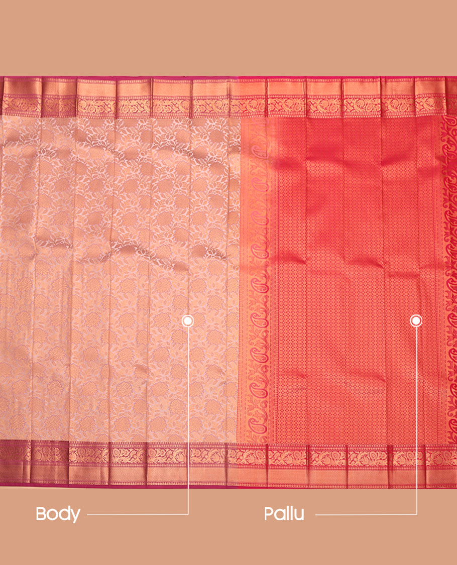 Peach Budget Silk Saree, Embellished with Jacquard Design, Complemented by a Contrast Traditional Zari Border, Grand Pallu, and a Contrast Blouse