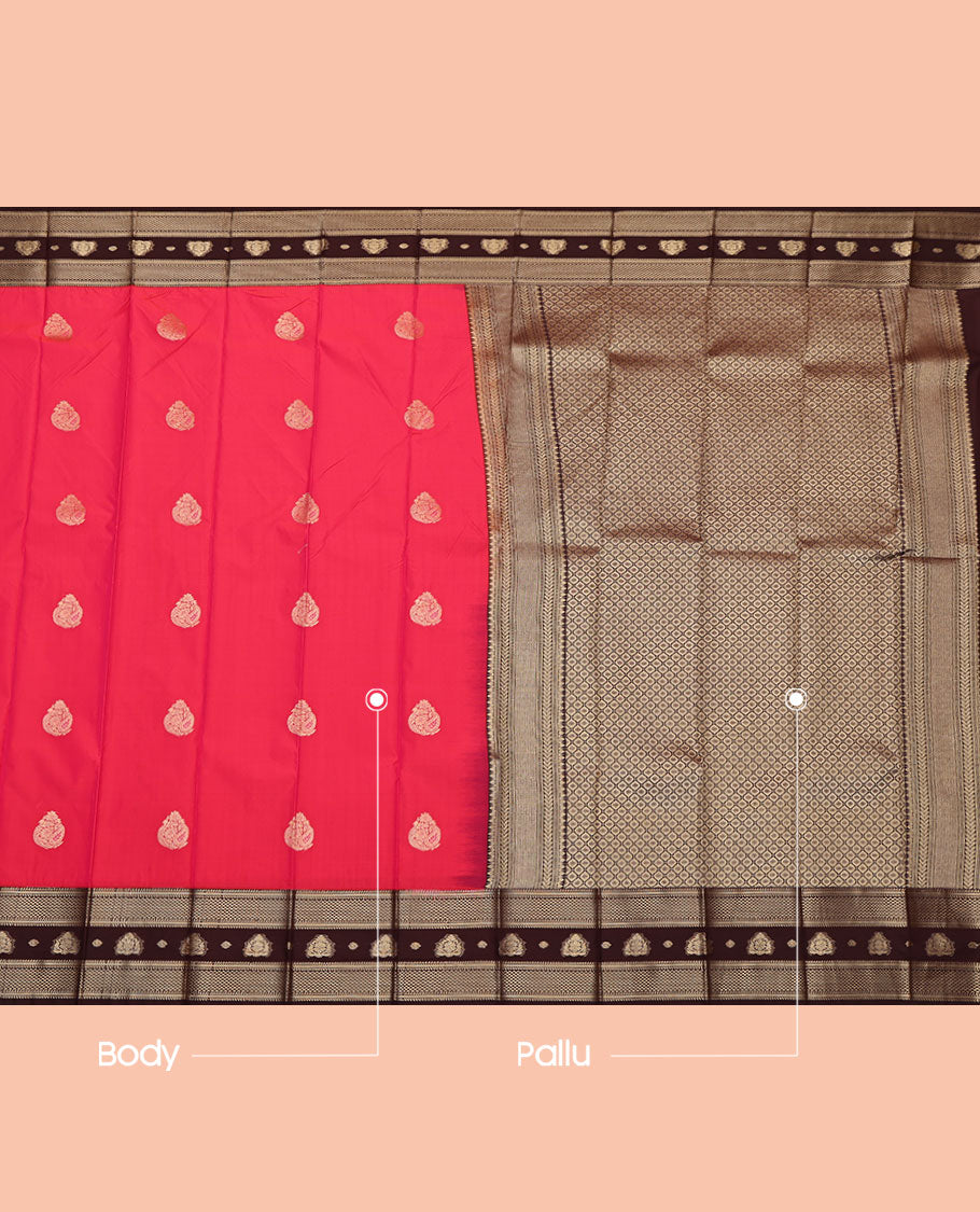 Red Budget Silk Saree, Beautified with Zari Buttas, Complemented by a Contrast Traditional Zari Border, Pallu of Jaal Designs, and a Contrast Blouse