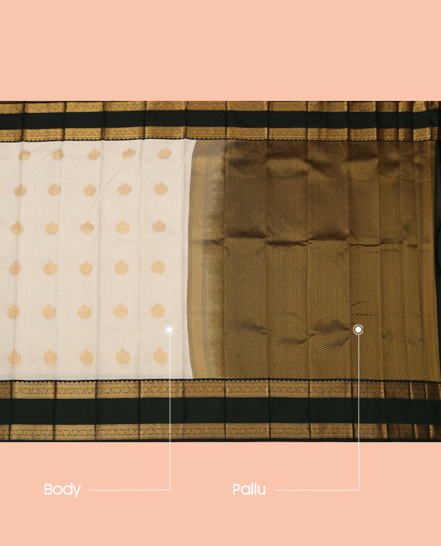 Cream Budget Silk Saree, Enthralled with Zari Buttas and Checks, a Contrast Traditional Zari Rettai Pettu Border, Grand Pallu, and a Contrast Blouse