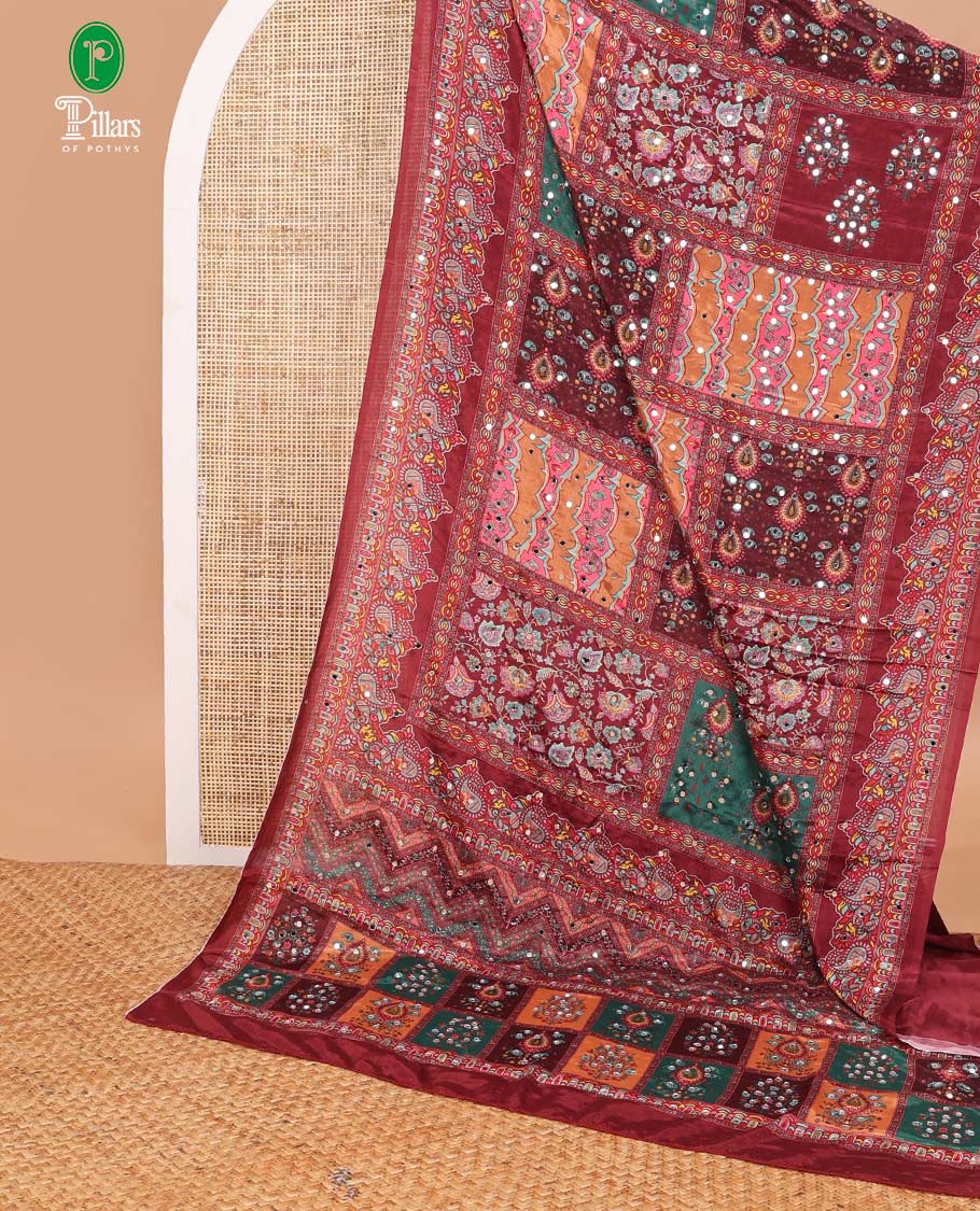 Multi-color printed, mirror work synon silk saree with printed border & printed rich pallu along with plain blouse