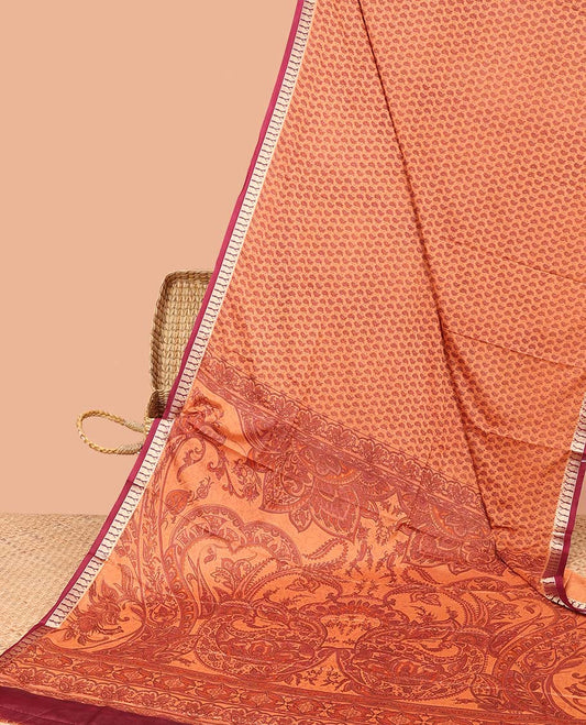 Orange unique motifs semi-banaras printed saree, contrast paisley border & intricately printed pallu