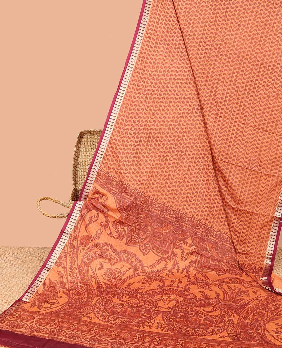 Orange unique motifs semi-banaras printed saree, contrast paisley border & intricately printed pallu