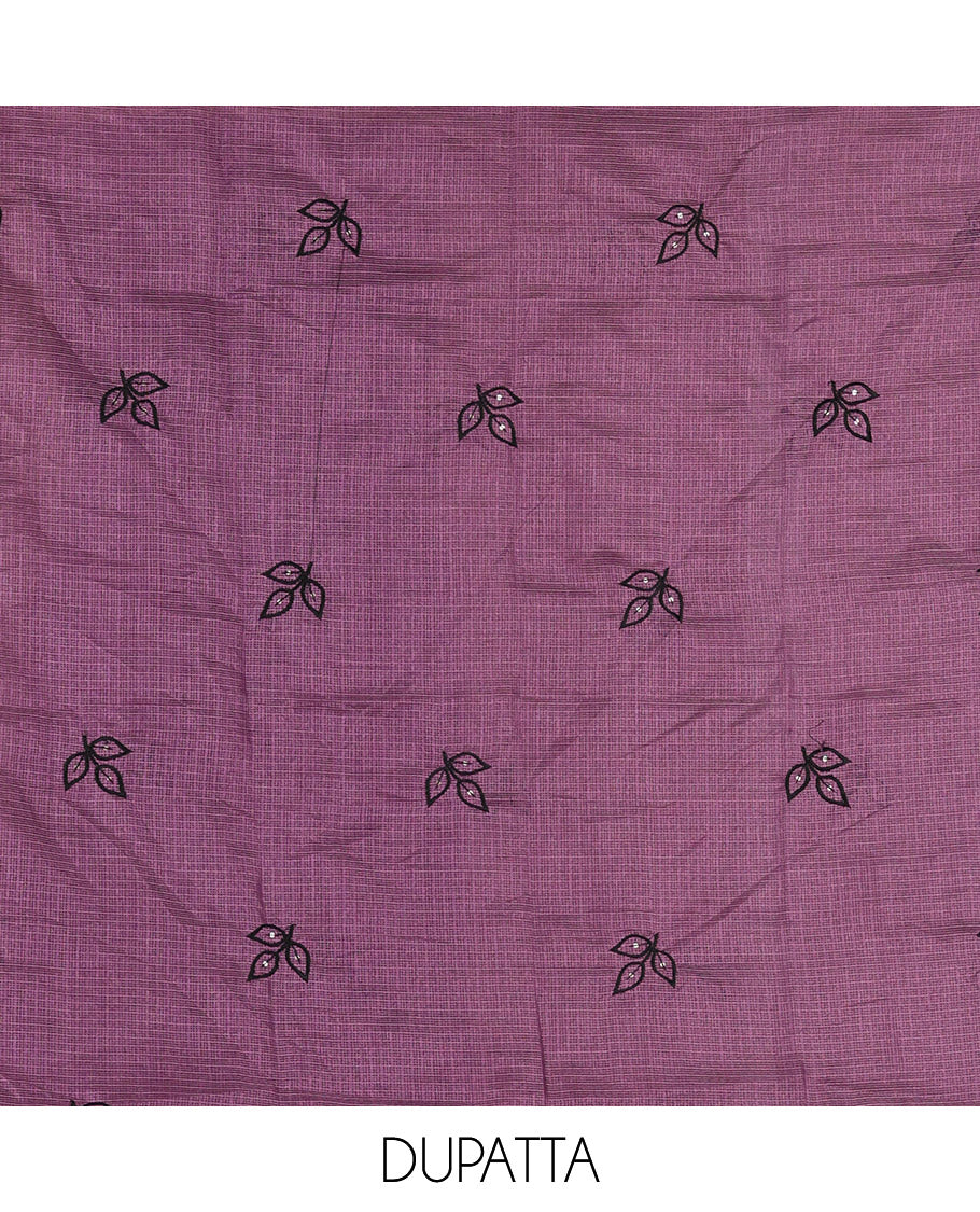 Purple material chudidar set, leaf-floral motifs thread and sequins embroidered kota cotton top, a matching bottom, and a leaf motifs thread and sequins embroidered dupatta