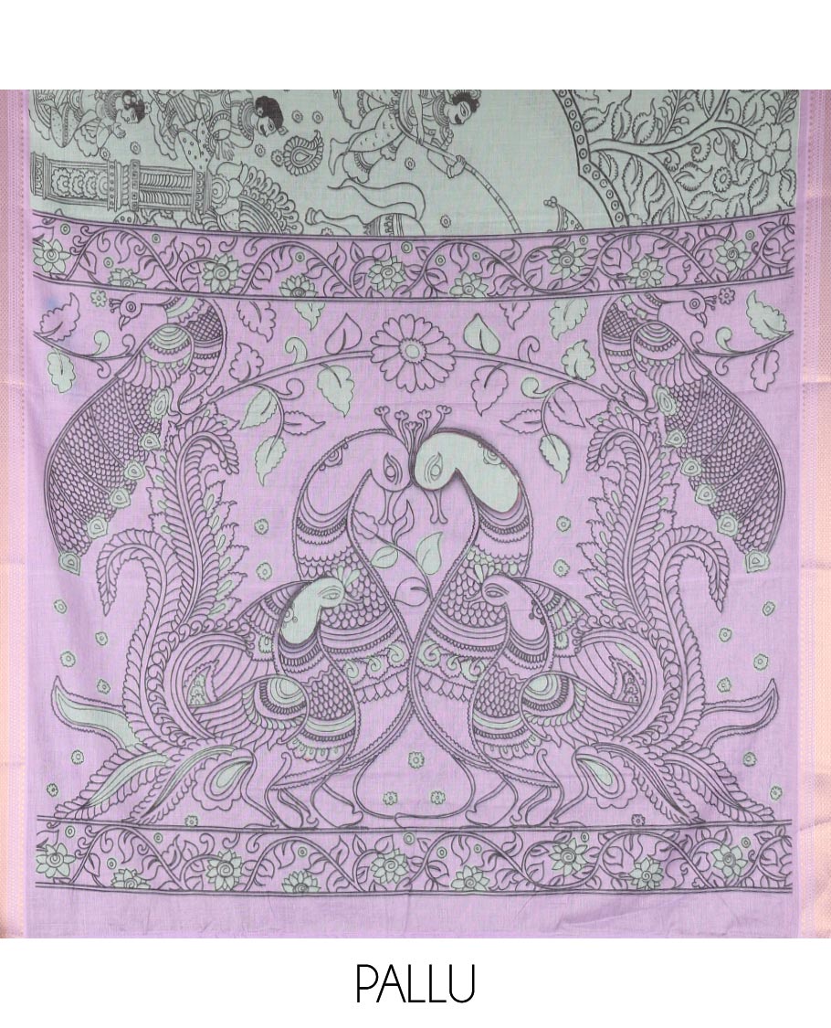 Green Mangalagiri Cotton Saree Features Kalamkari Flora-Fauna-Humans, a Contrast Border, and Printed Blouse