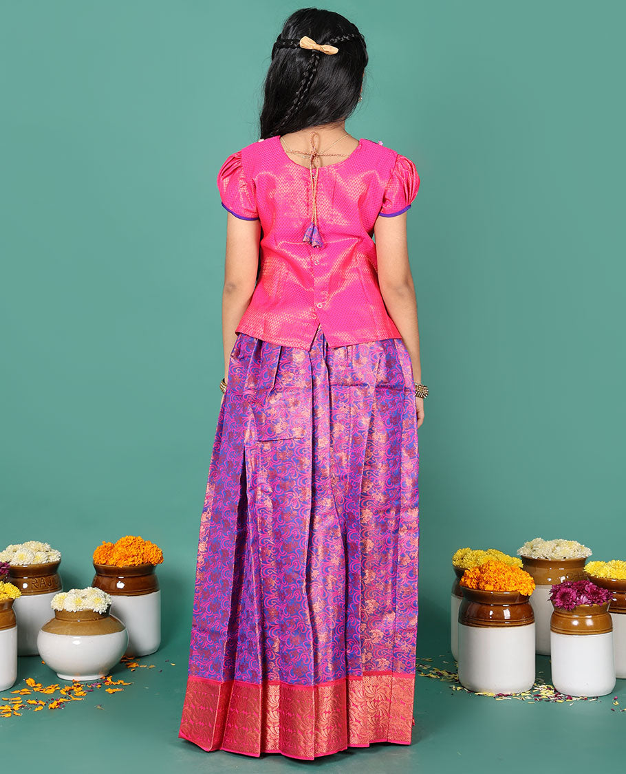 Blue readymade art silk pavadai, jacquard, and contrast zari border skirt, and contrast jacquard embroidered puff-sleeve blouse