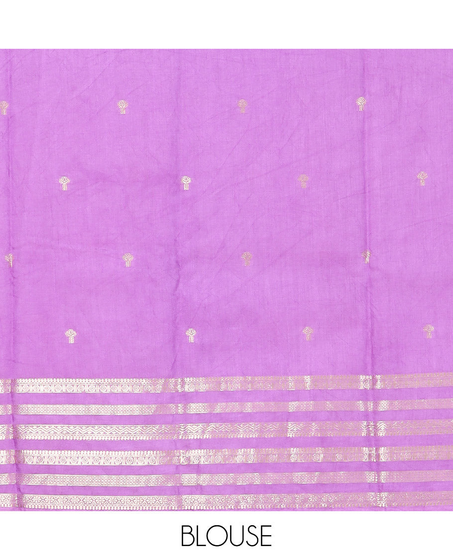 Purple Assam Silk Saree Adorned with Zari Buttas, complemented by Contrast Zari Border Featuring Traditional Zari Designs, a Gleaming Pallu of Zari Stripes, and Paired with a Contrast Blouse