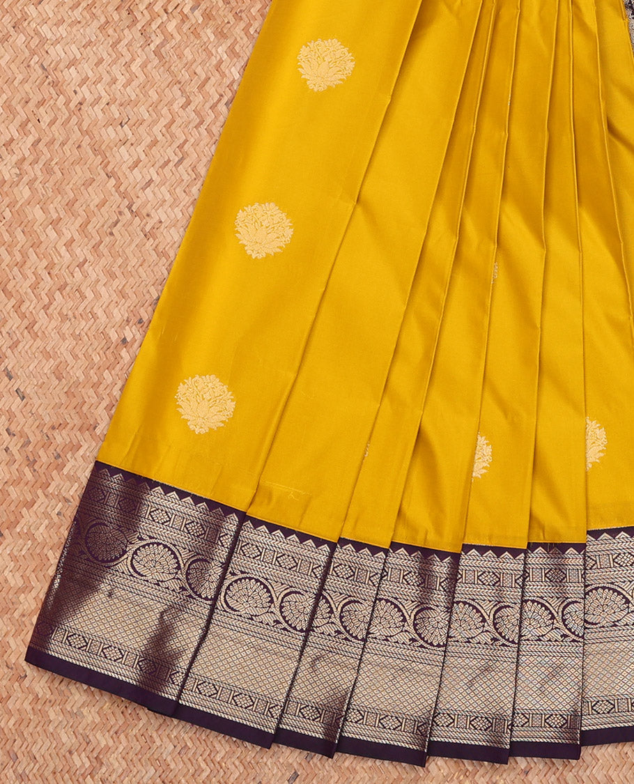 Mustard Budget Silk Saree, Subtly Sparkled with Buttas, Complemented by a Contrast Traditional Border, Grand Pallu, and a Contrast Blouse