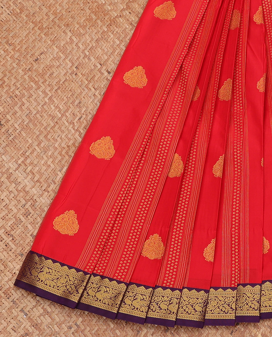 Red Budget Silk Saree, Spotlighted with Zari Buttas and Stripes, Complemented by a Contrast Traditional Zari Border, Geometric Pallu, and Contrast Blouse