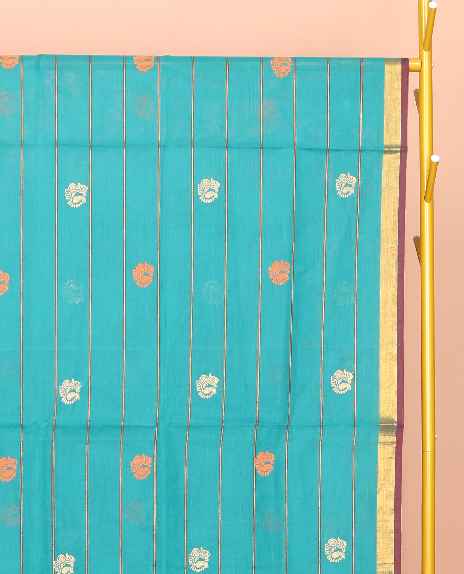 Blue Venkatagiri Cotton Saree, Embellished with Peacock Buttas and Stripes, a Contrast Floral Creeper Zari Border, Pallu of Buttas and Stripes, and No Blouse