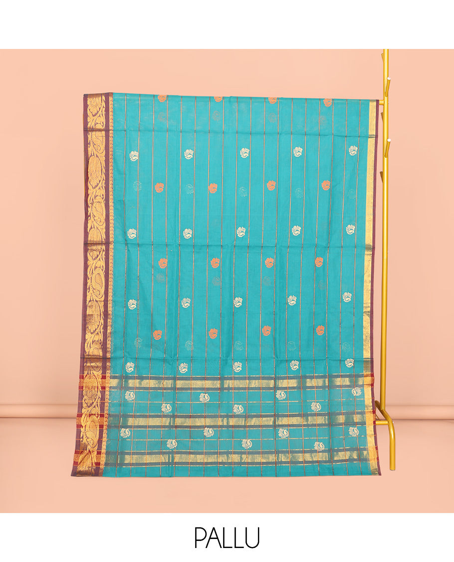 Blue Venkatagiri Cotton Saree, Embellished with Peacock Buttas and Stripes, a Contrast Floral Creeper Zari Border, Pallu of Buttas and Stripes, and No Blouse