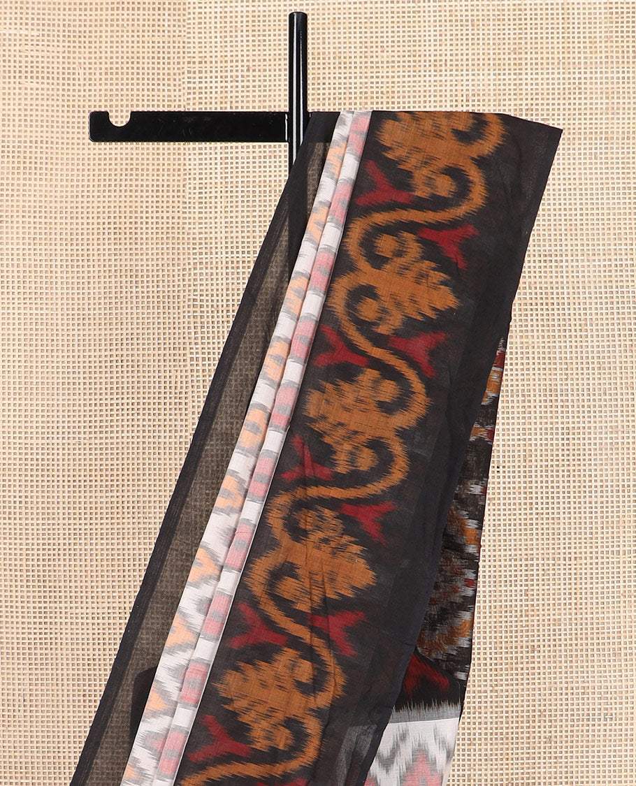 Half-white argyle design Pochampally ikkat saree, contrast ikkat border, and ikkat design pallu