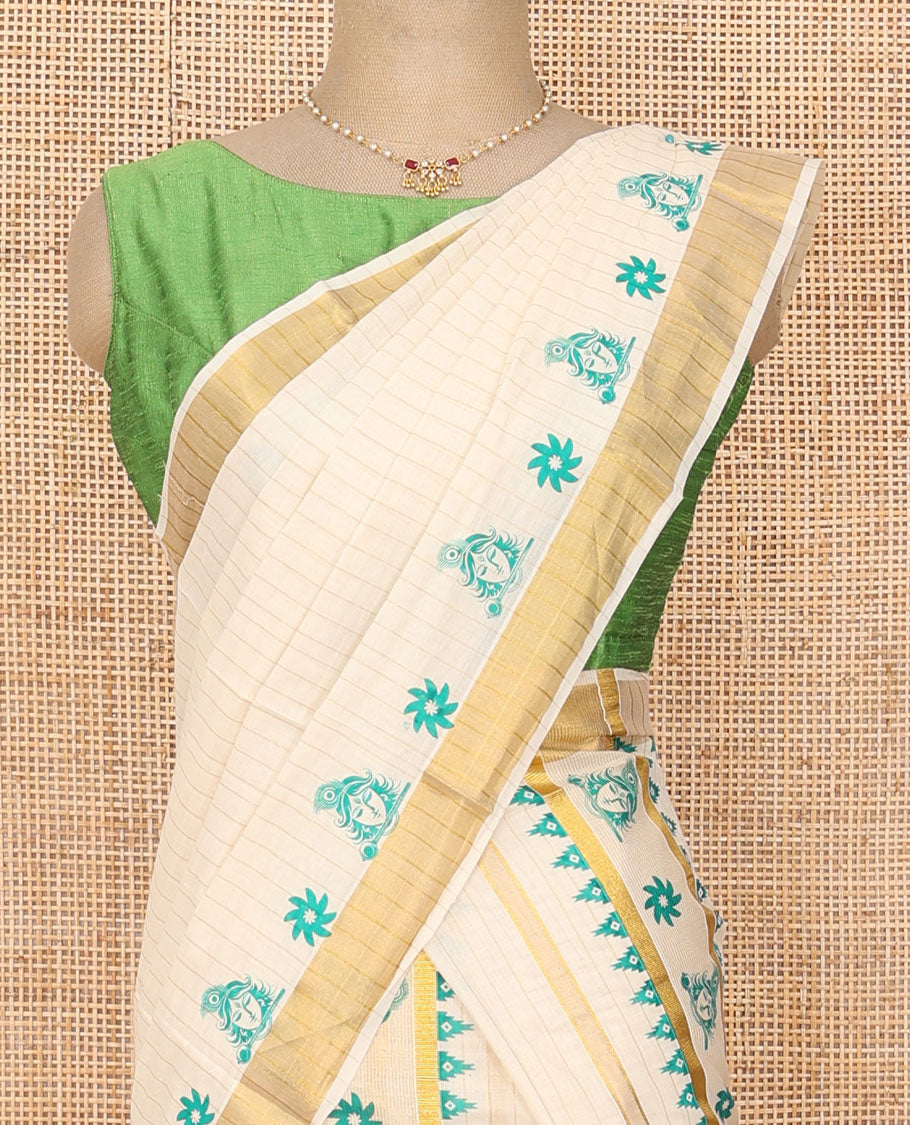 Cream base golden vertically striped with flower and Krishna motifs printed Kerala Mundu set, zari border