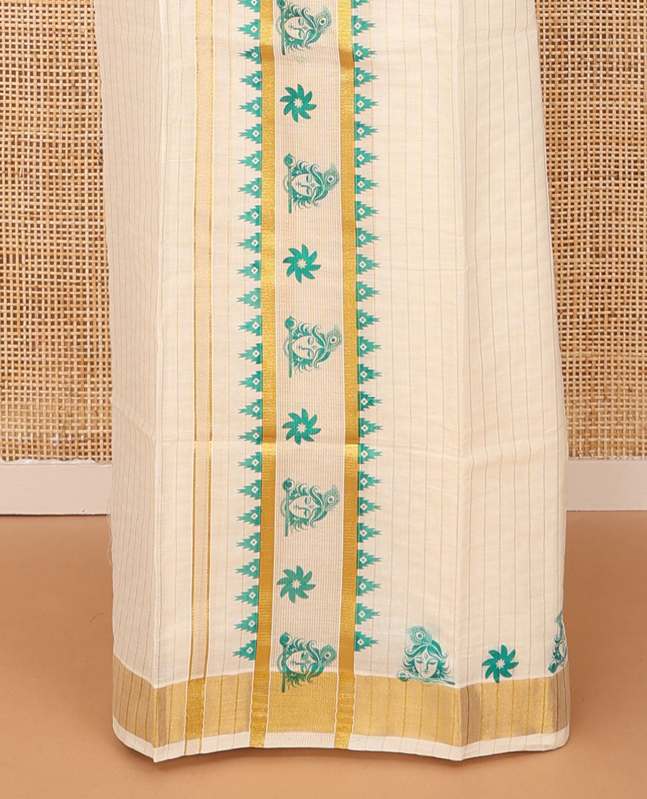 Cream base golden vertically striped with flower and Krishna motifs printed Kerala Mundu set, zari border