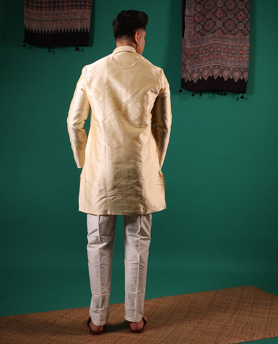Ivory unique patterns embossed full-sleeved men's kurta set