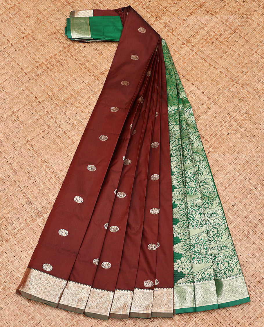 Brown Budget Silk Saree, Opulently Embellished with Zari Buttas, Complemented by a Contrast Traditional Zari Design Border, Grand Floral Design Pallu, and Paired with a Contrast Blouse