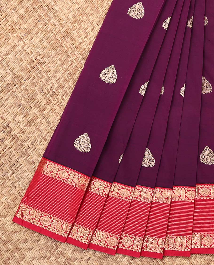 Purple Budget Silk Saree, Elevated with Zari Buttas, Complemented by a Contrast Traditional Zari Border, Paisley Pallu, and a Contrast Blouse