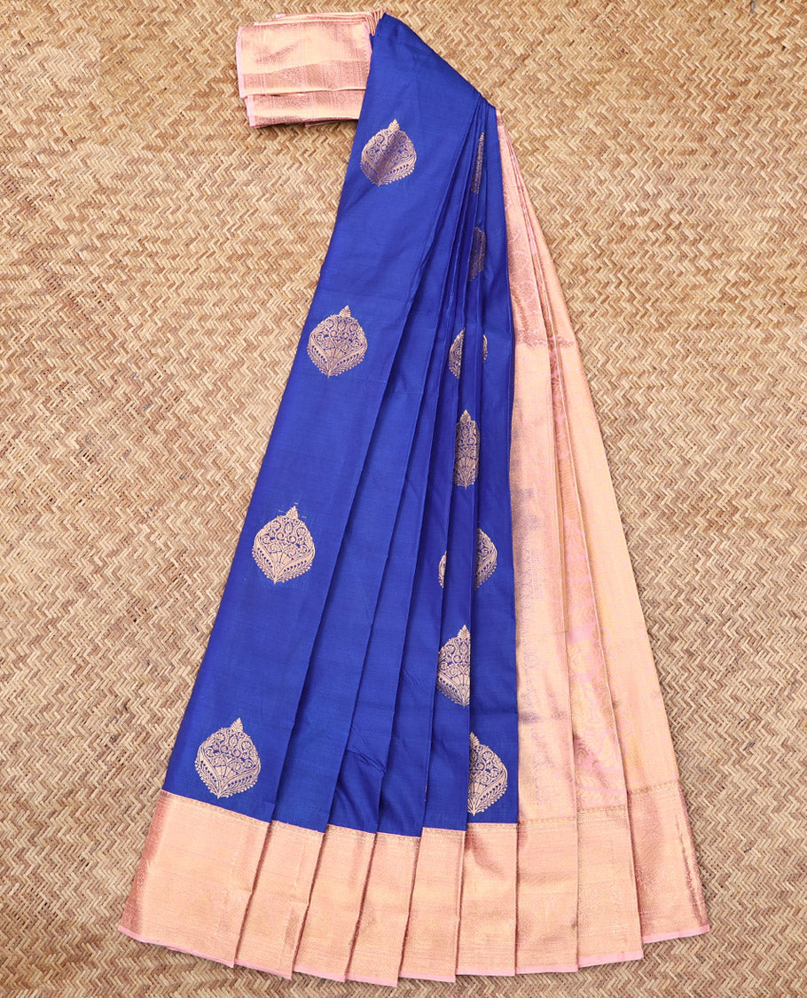 Blue Budget Silk Saree, Detailed with Zari Buttas, Complemented by a Contrast Traditional Zari Border, Grand Pallu, and a Contrast Blouse