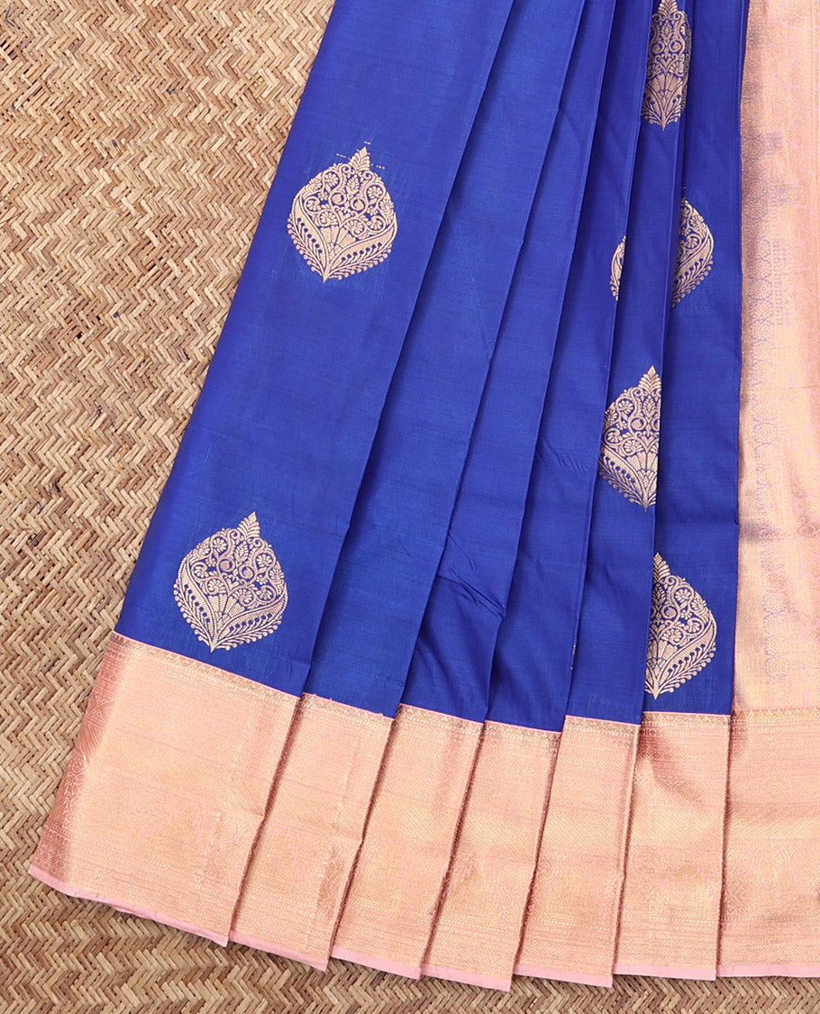 Blue Budget Silk Saree, Detailed with Zari Buttas, Complemented by a Contrast Traditional Zari Border, Grand Pallu, and a Contrast Blouse