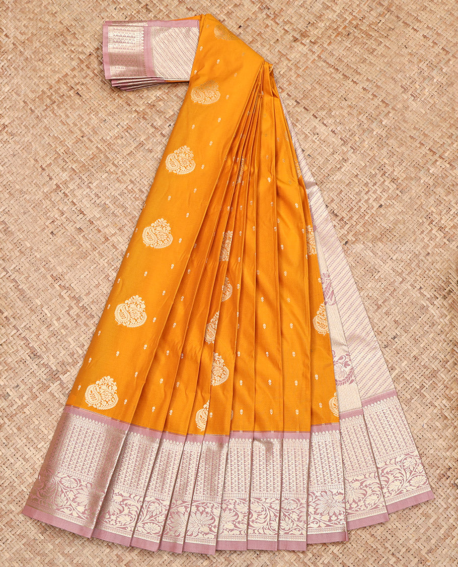 Orange Budget Silk Saree, Highlighted with Zari Buttas on Its Body, Complemented by a Contrast Traditional Zari Border, Diagonally Striped Pallu, and Paired with a Contrast Blouse