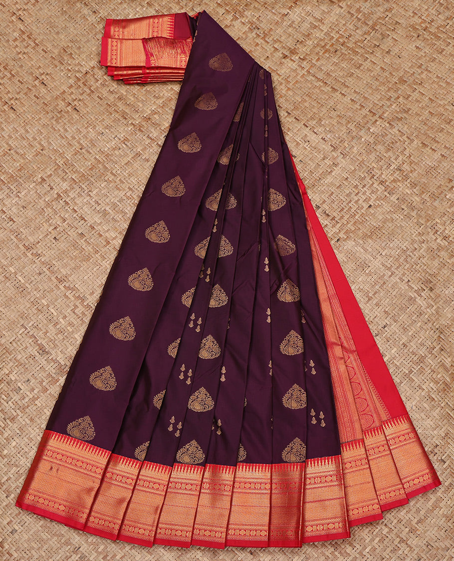 Wine Budget Silk Saree, Finely Woven with Zari Buttas All Over Its Body, Complemented by a Contrast Traditional Zari Design Border, Grand Pallu, and Paired with a Contrast Blouse