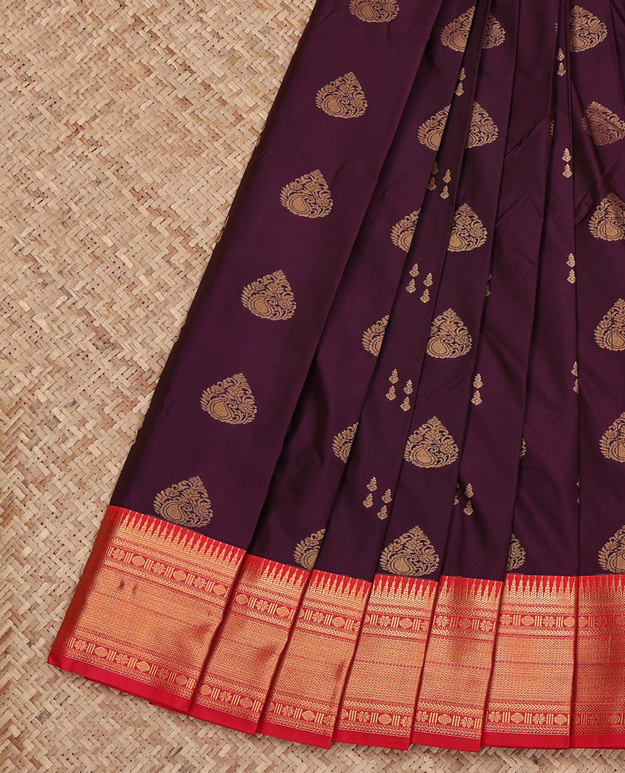 Wine Budget Silk Saree, Finely Woven with Zari Buttas All Over Its Body, Complemented by a Contrast Traditional Zari Design Border, Grand Pallu, and Paired with a Contrast Blouse