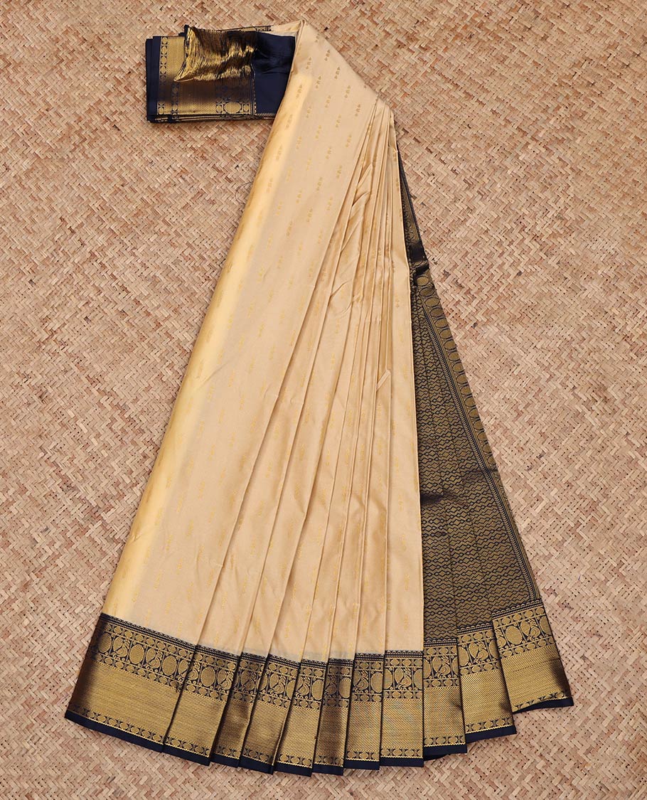Sandal Budget Silk Saree, Sparsely Woven with Zari Buttas on Its Body, Complemented by a Contrast Traditional Zari Border of Peacock and Rudraksham Designs, Intricately Designed Pallu, and Paired with a Contrast Blouse
