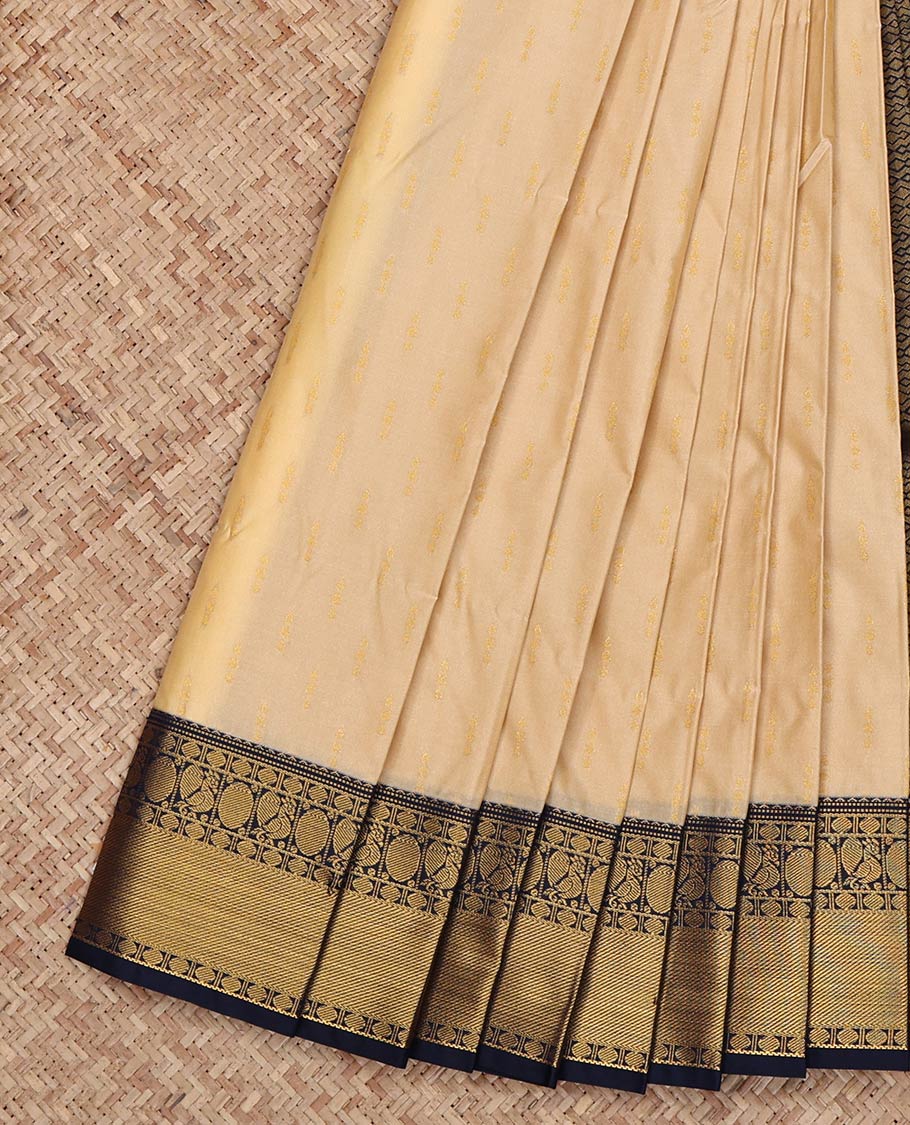 Sandal Budget Silk Saree, Sparsely Woven with Zari Buttas on Its Body, Complemented by a Contrast Traditional Zari Border of Peacock and Rudraksham Designs, Intricately Designed Pallu, and Paired with a Contrast Blouse