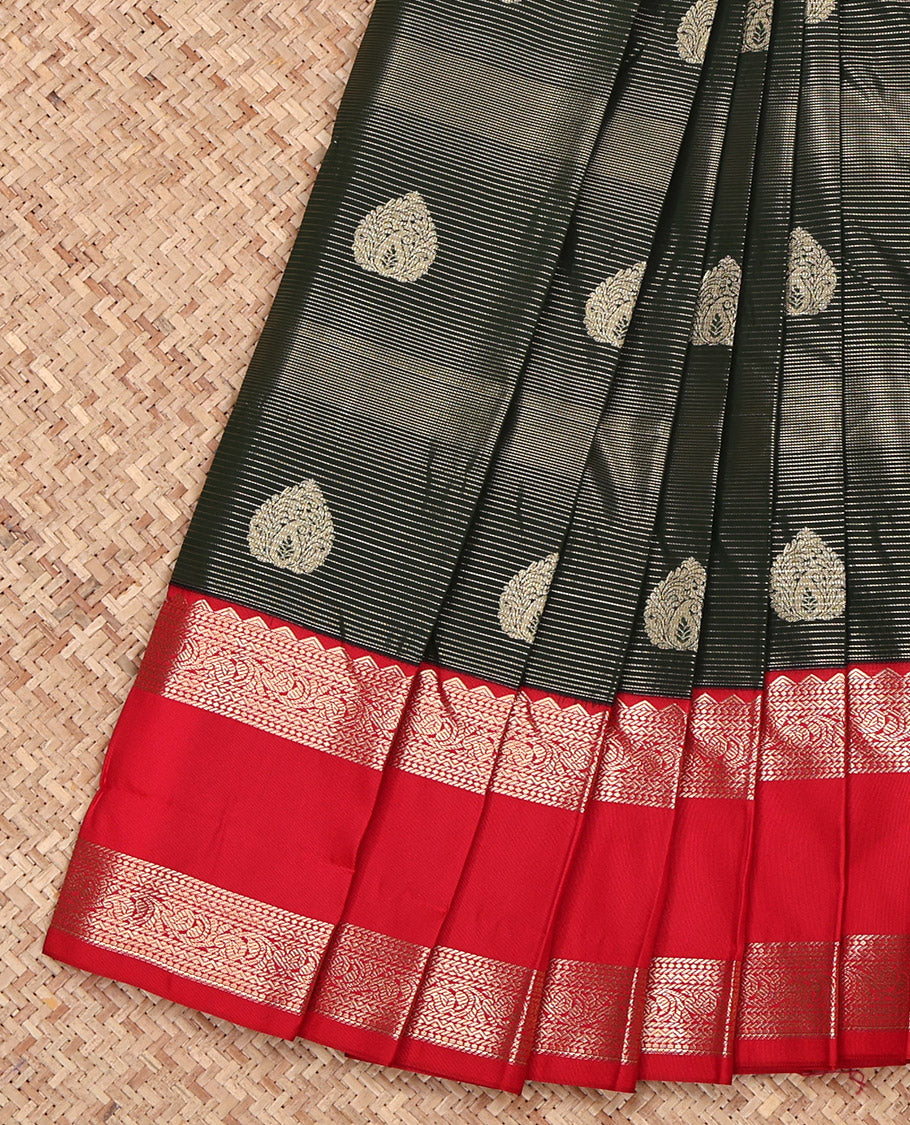 Black Budget Silk Saree, Decorated with Zari Buttas and Stripes on Its Body, Complemented by a Contrast Traditional Zari Design Rettai Pettu Border, Grand Jaal Pallu, and Paired with a Contrast Blouse