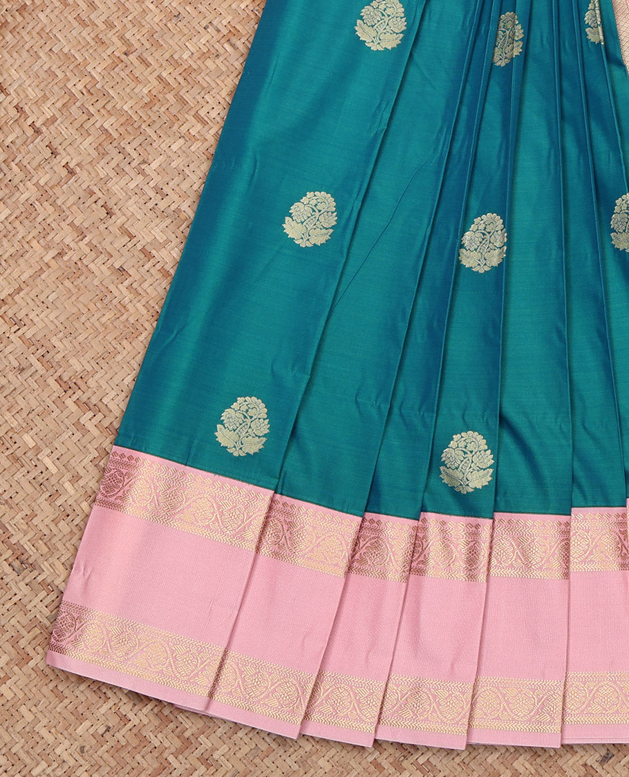 Peacock Color Budget Silk Saree Featuring Zari Buttas, Complemented by Contrast Floral Creeper Rettai Pettu Border, Grand Pallu and a Contrast Blouse