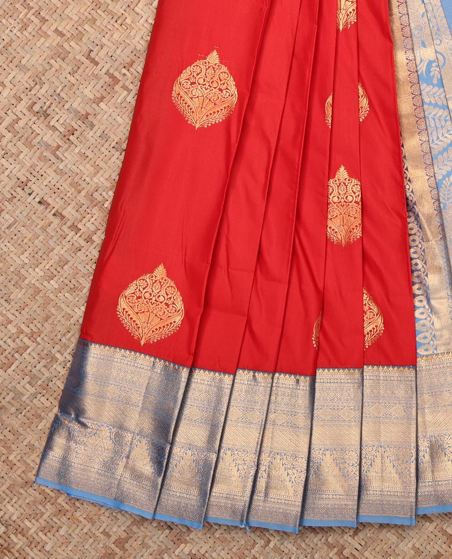 Rust Budget Silk Saree Depicts Zari Buttas, Complemented by Contrast Traditional Zari Border, Grand Pallu and a Contrast Blouse