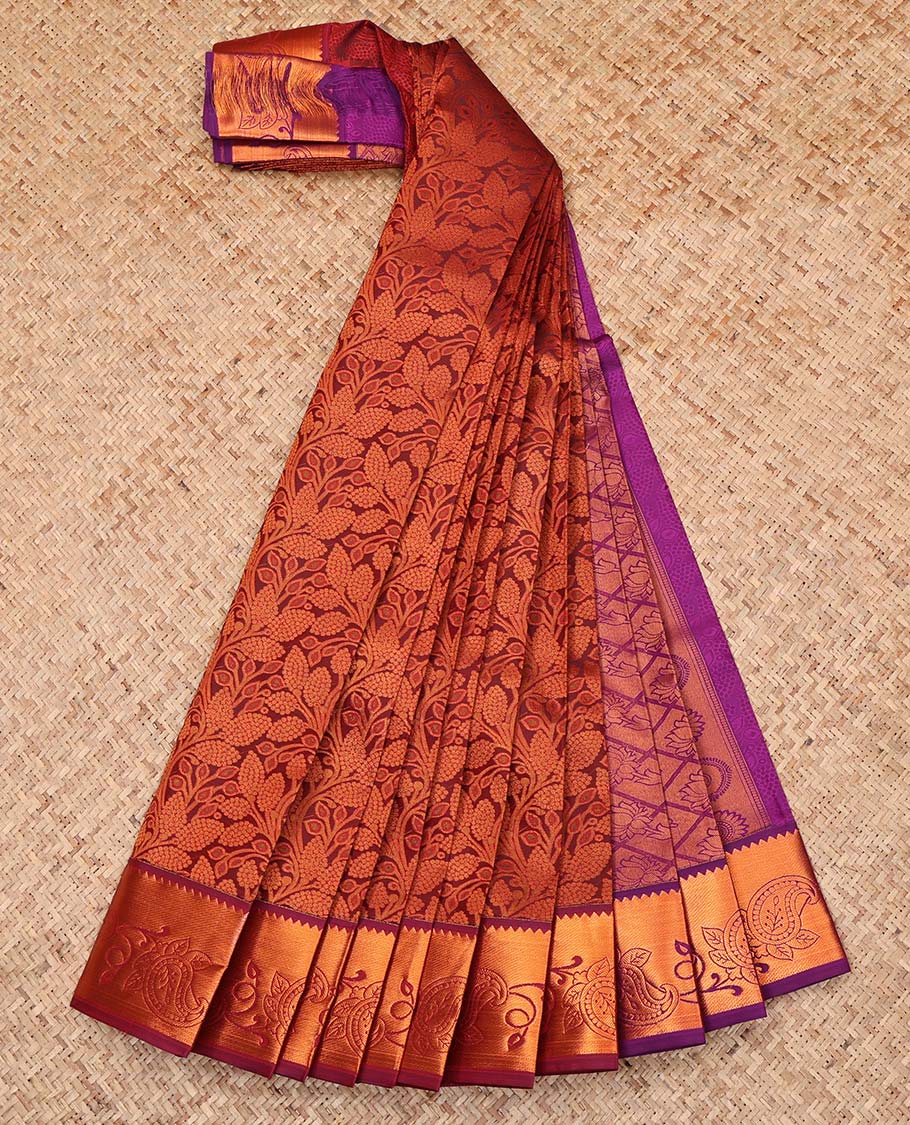 Maroon Budget Silk Saree, Enriched with a Floral Vine Design, Complemented by a Contrast Floral Creeper Zari Border, Grand Jaal Pallu, and a Contrast Blouse