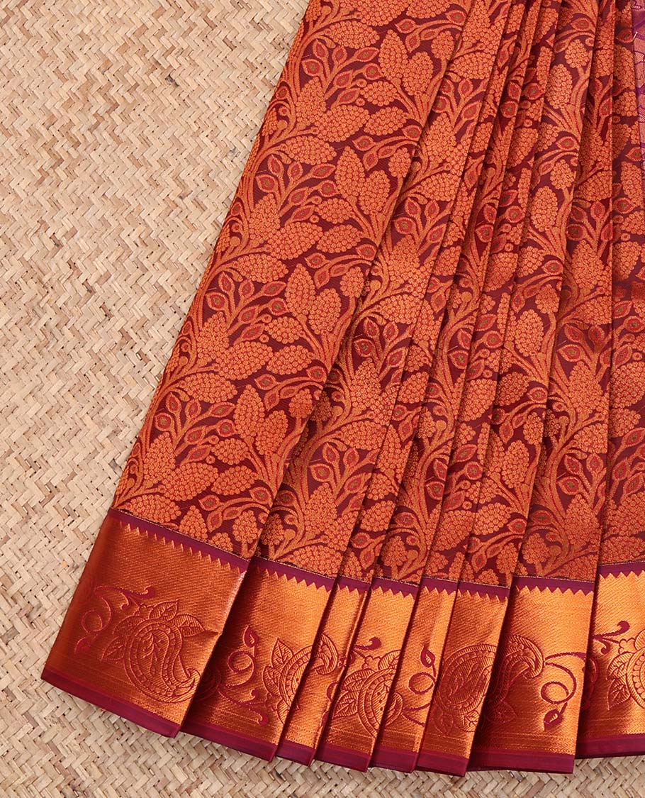 Maroon Budget Silk Saree, Enriched with a Floral Vine Design, Complemented by a Contrast Floral Creeper Zari Border, Grand Jaal Pallu, and a Contrast Blouse