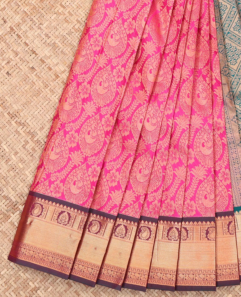 Rani Pink Budget Silk Saree, Masterfully Woven with Jacquard Design, Complemented by a Contrast Traditional Zari Border, Jaal Pallu, and a Contrast Blouse