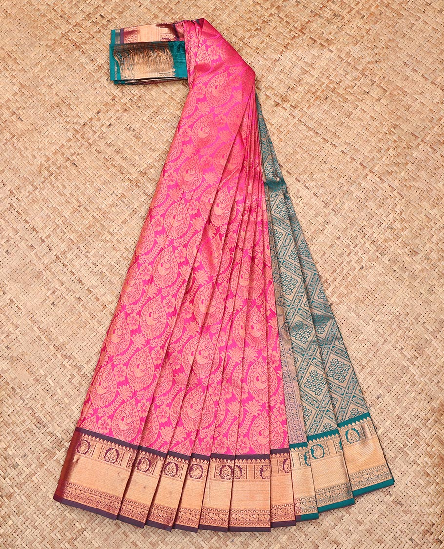 Rani Pink Budget Silk Saree, Masterfully Woven with Jacquard Design, Complemented by a Contrast Traditional Zari Border, Jaal Pallu, and a Contrast Blouse