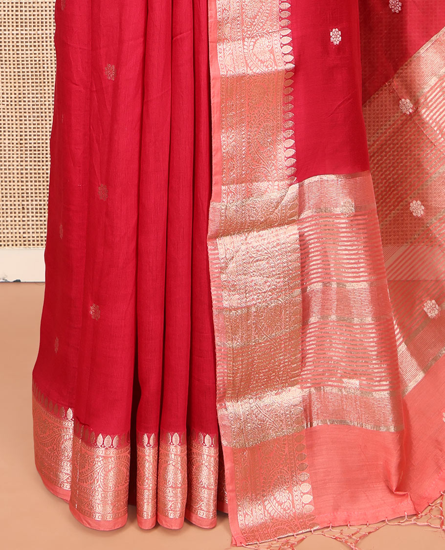 Red Assam Silk Saree, Decorated with Zari Buttas, Complemented by a Contrast Zari Traditional Border, Zari-Striped Pallu, and a Contrast Blouse