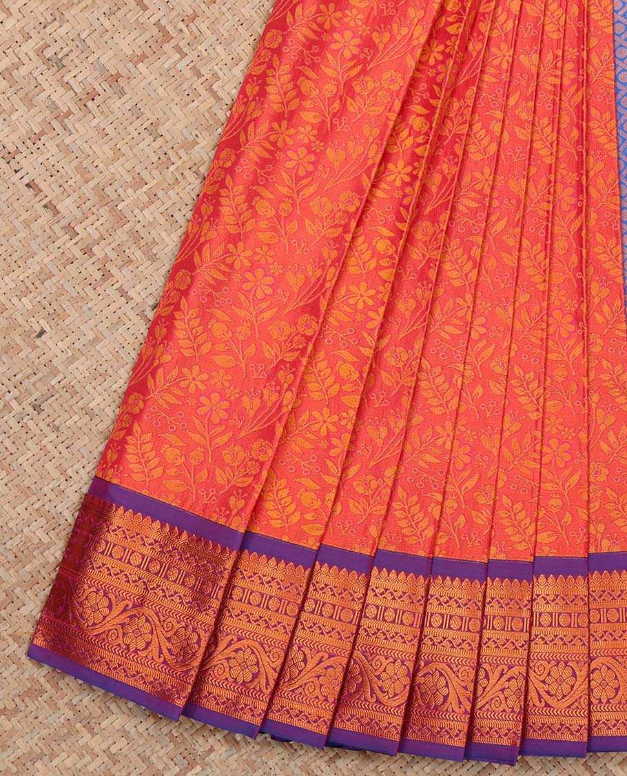 Red Budget Silk Saree, Detailed with Floral Vine Design, Complemented by Contrast Traditional Zari Border, a Jaal Pallu and a Contrast Blouse
