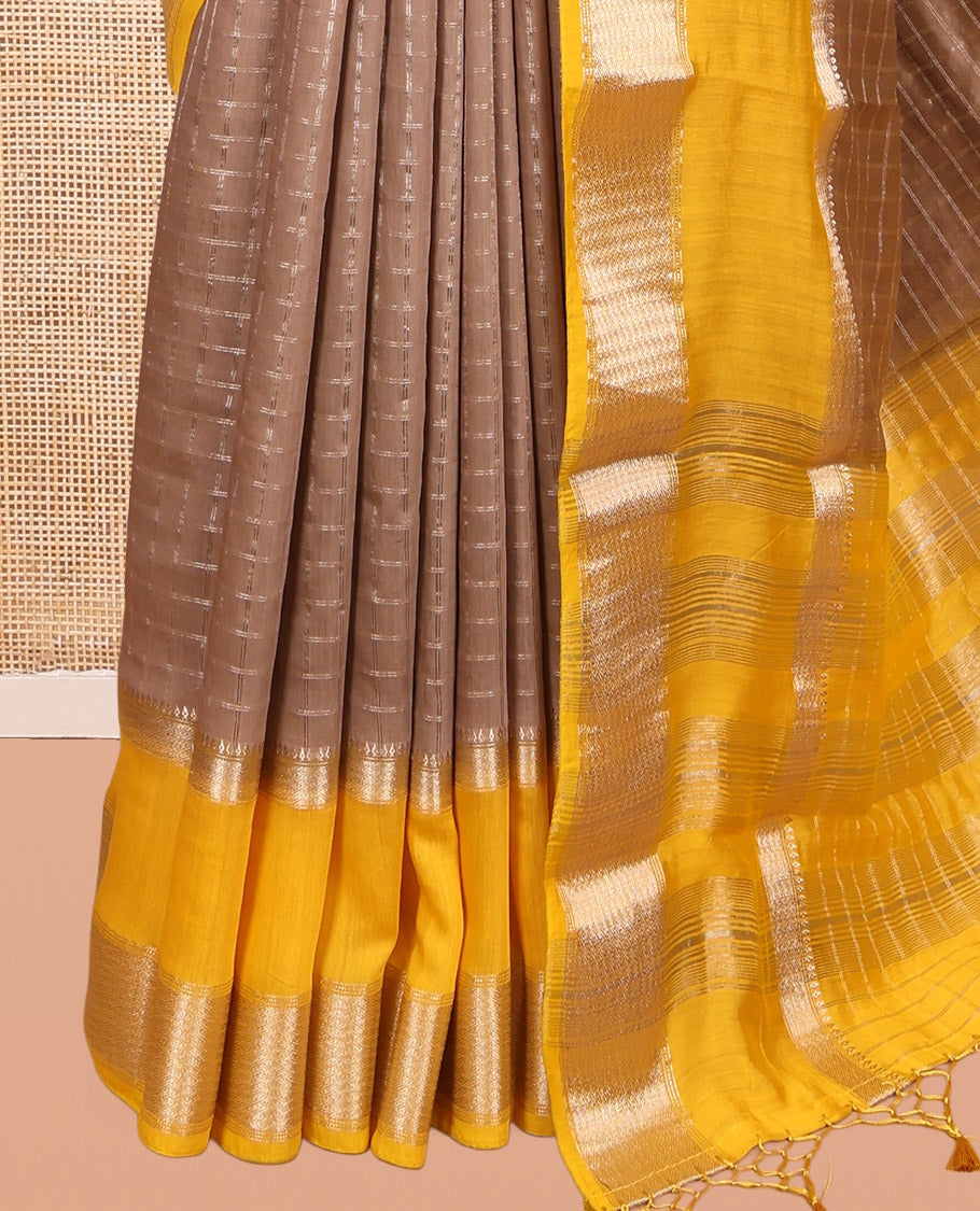 Brown Assam Silk Saree, Showcasing Zari Checks, Complemented by Contrast Traditional Zari Border, Zari Woven Pallu, and Contrast Blouse