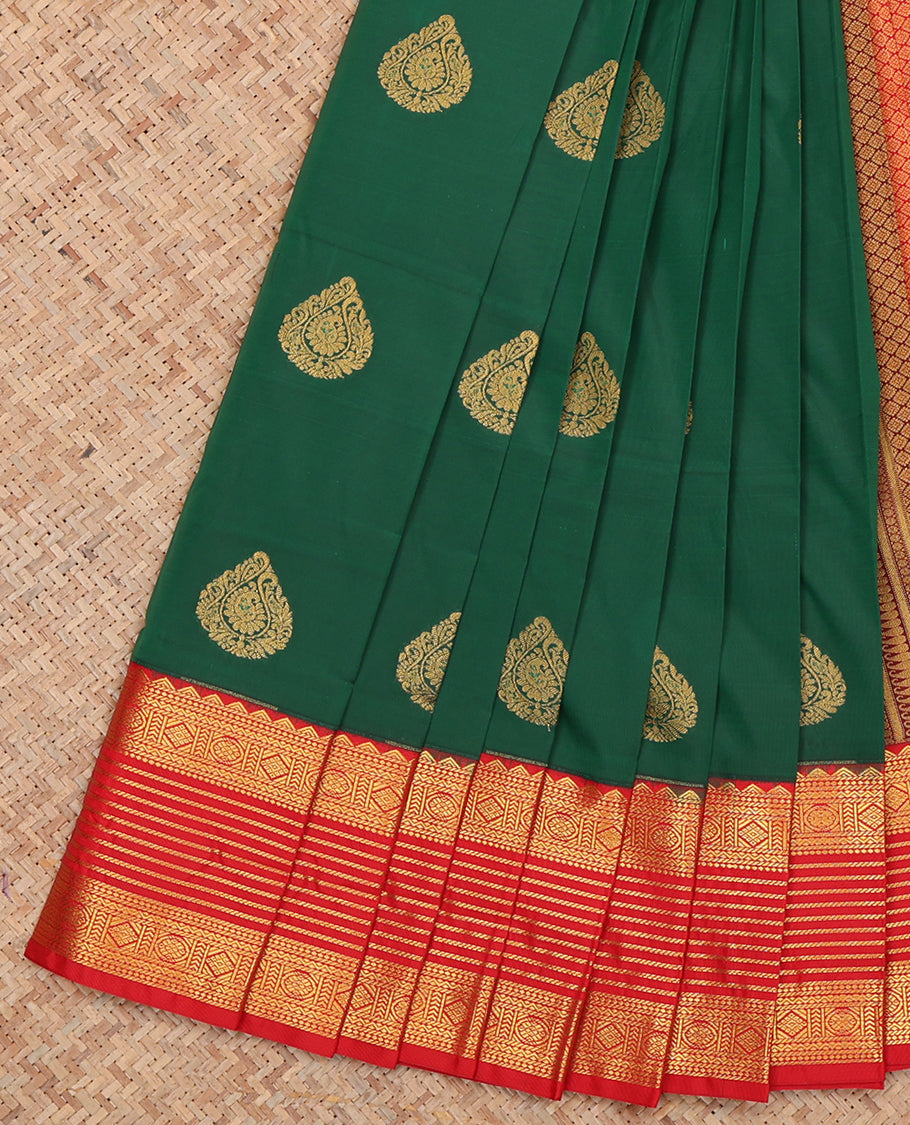 Green Budget Silk Saree, Bedecked with Zari Buttas, Complemented by a Contrast Traditional Zari Border, Grand Pallu, and Contrast Blouse