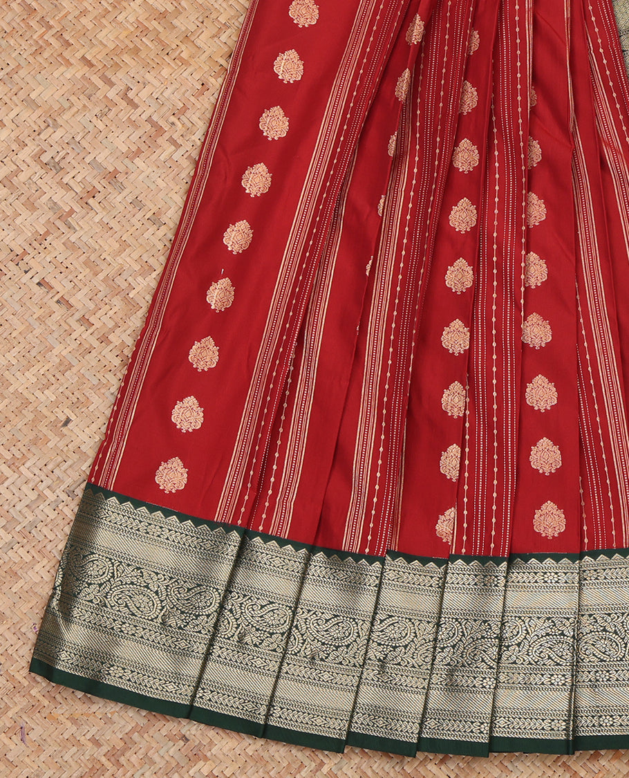 Red Budget Silk Saree, Styled with Zari Buttas and Stripes, a Contrast Traditional Zari Border, Grand Pallu, and a Contrast Blouse