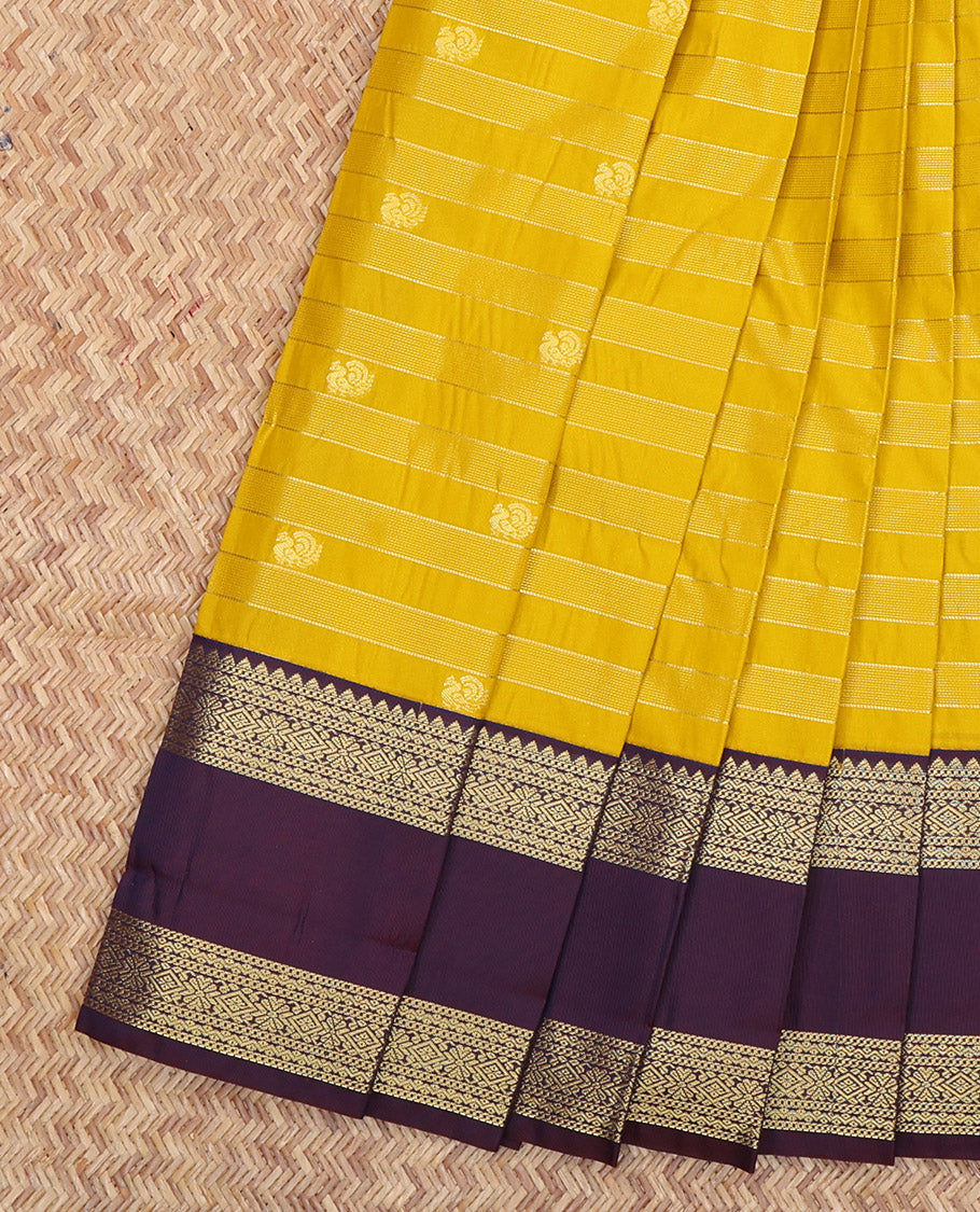Yellow Budget Silk Saree, Subtly Sparkled with Peacock Buttas and Stripes, a Contrast Traditional Zari Rettai Pettu Border, Grand Pallu, and a Contrast Blouse
